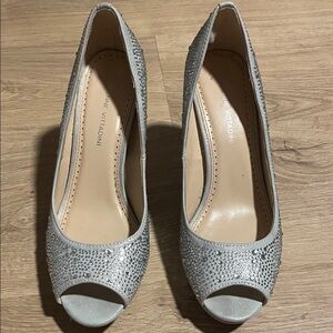 Adrienne Vittadini Silver Embellished Peep Toe Heels